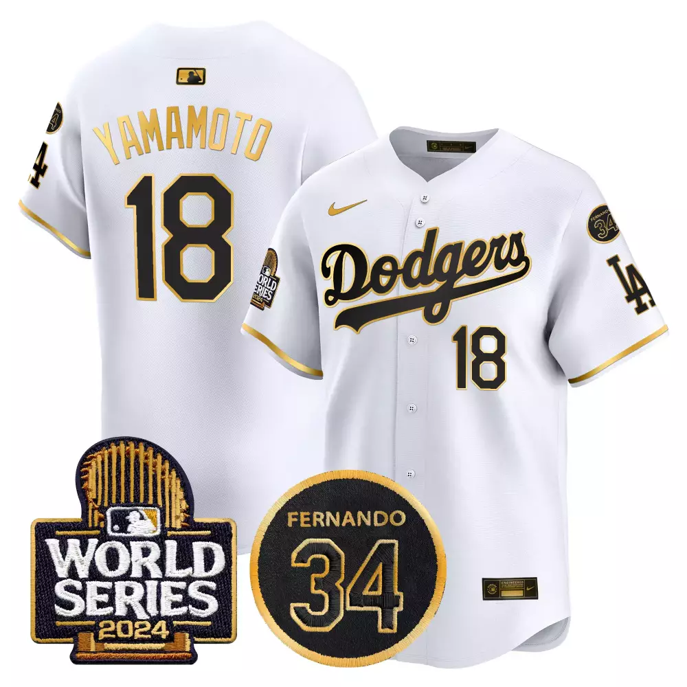 Yamamoto Fernando 18 Dodgers Jersey White World Series 2024 Men Black Gold Vapor