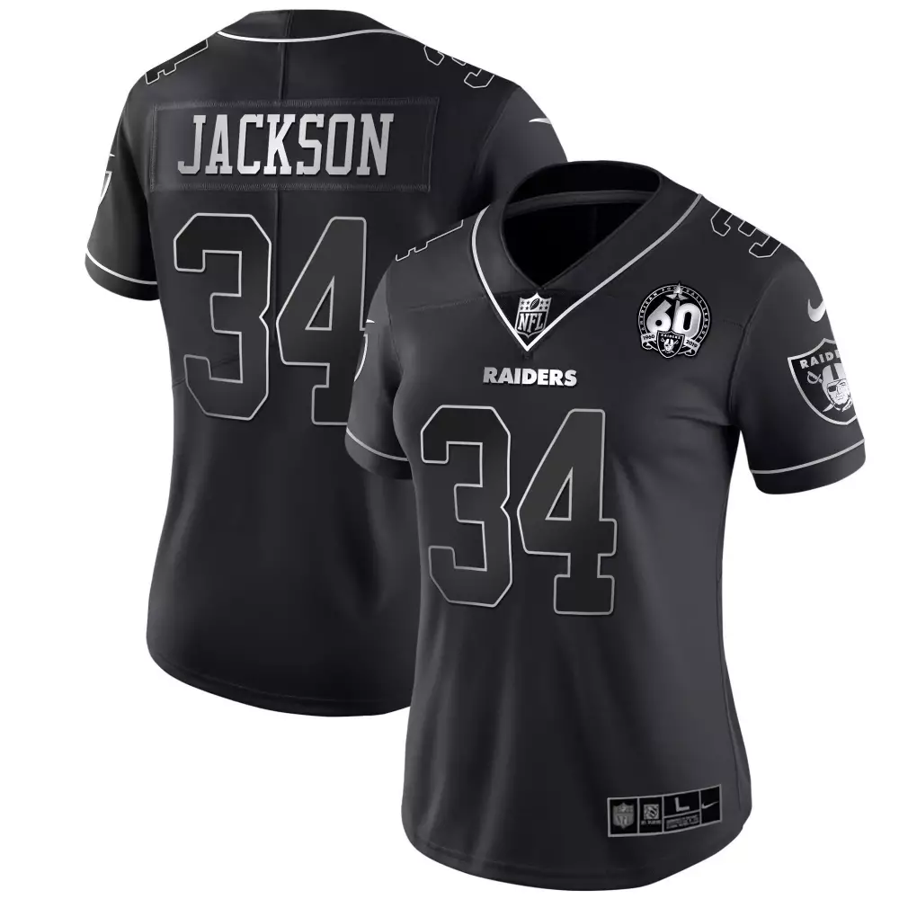 Bo Jackson 34 Raiders Jersey Black 60th Anniversary Women NFL Silver All Stitched