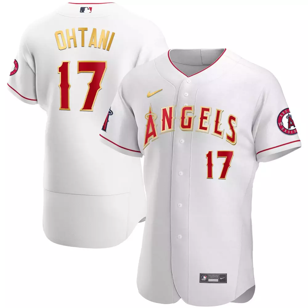 Shohei Ohtani 17 Angels Jersey White Men Red Gold All Stitched