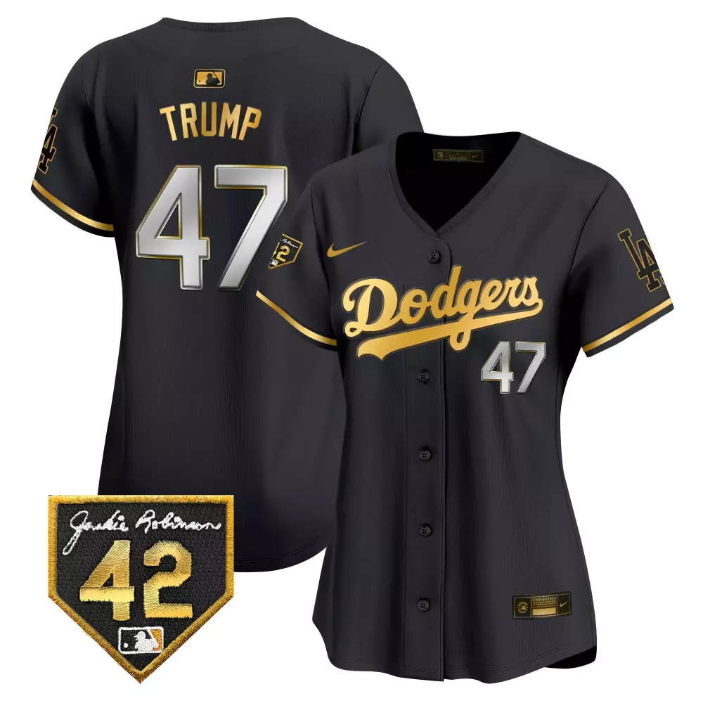 Donald Trump 47 Dodgers Jersey Black Jackie Robinson 42 Gold Vapor Premier Limited