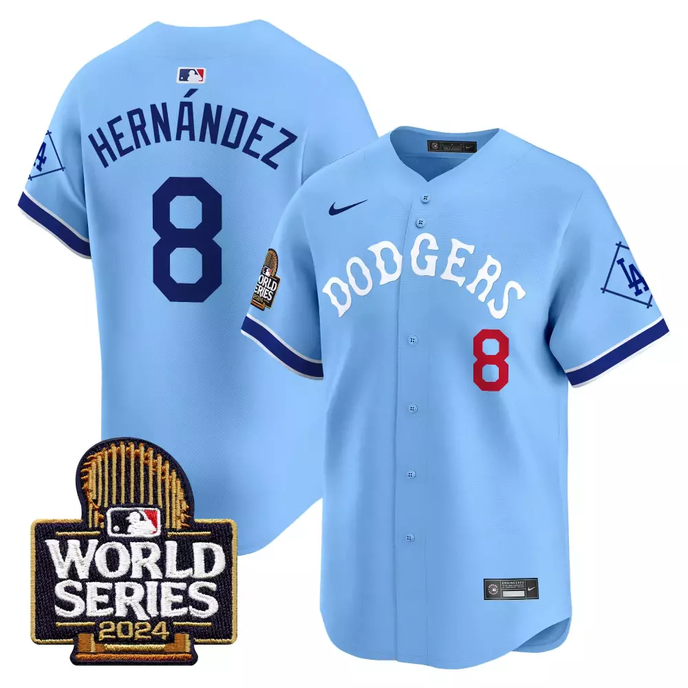 Kike Hernandez 8 Dodgers Jersey Light Blue World Series 2024 Men White Dark Red Vapor