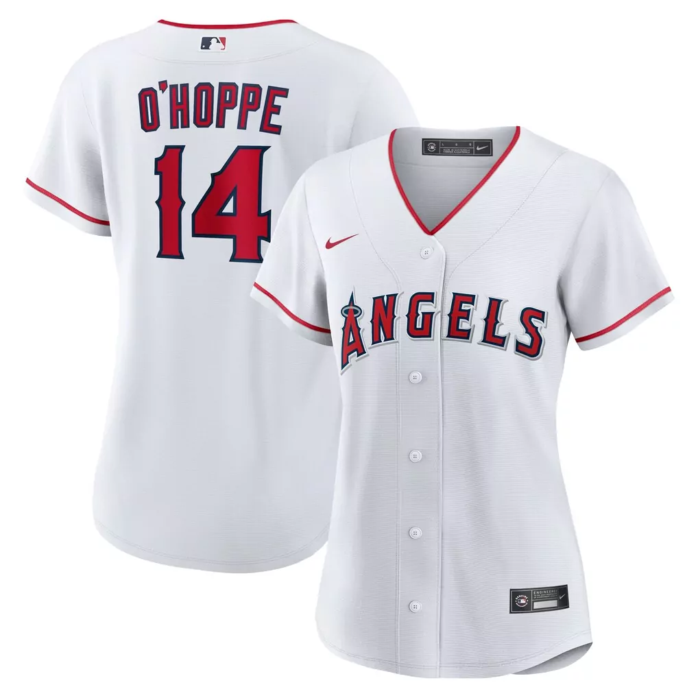 Logan O'hoppe 14 Angels Jersey White Women Red Navy Home Replica