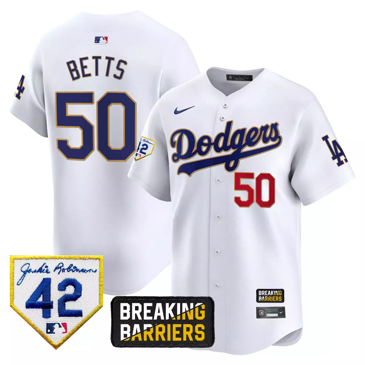 Mookie Betts 50 Dodgers Jersey White Jackie Robinson Day 42 Breaking Barriers Men
