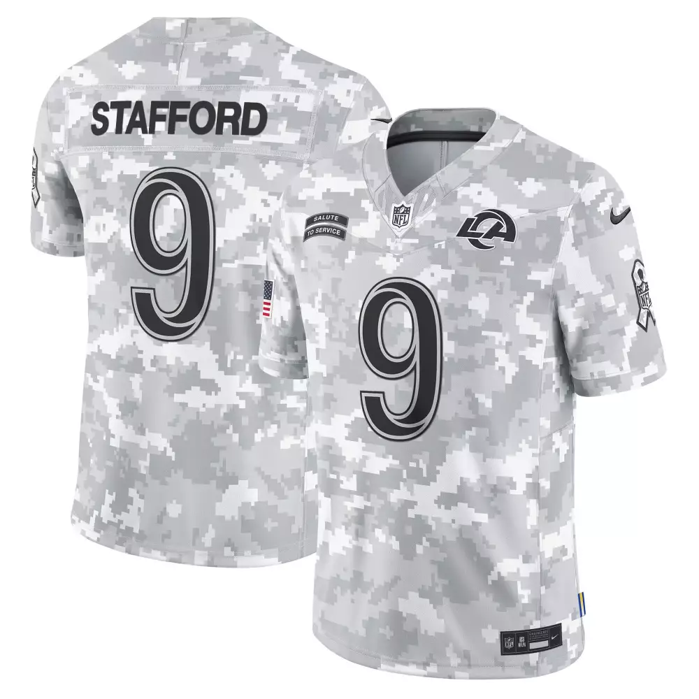 Matthew Stafford 9 Rams Jersey White Salute To Service American Flag 2022 Men Digital Camouflage
