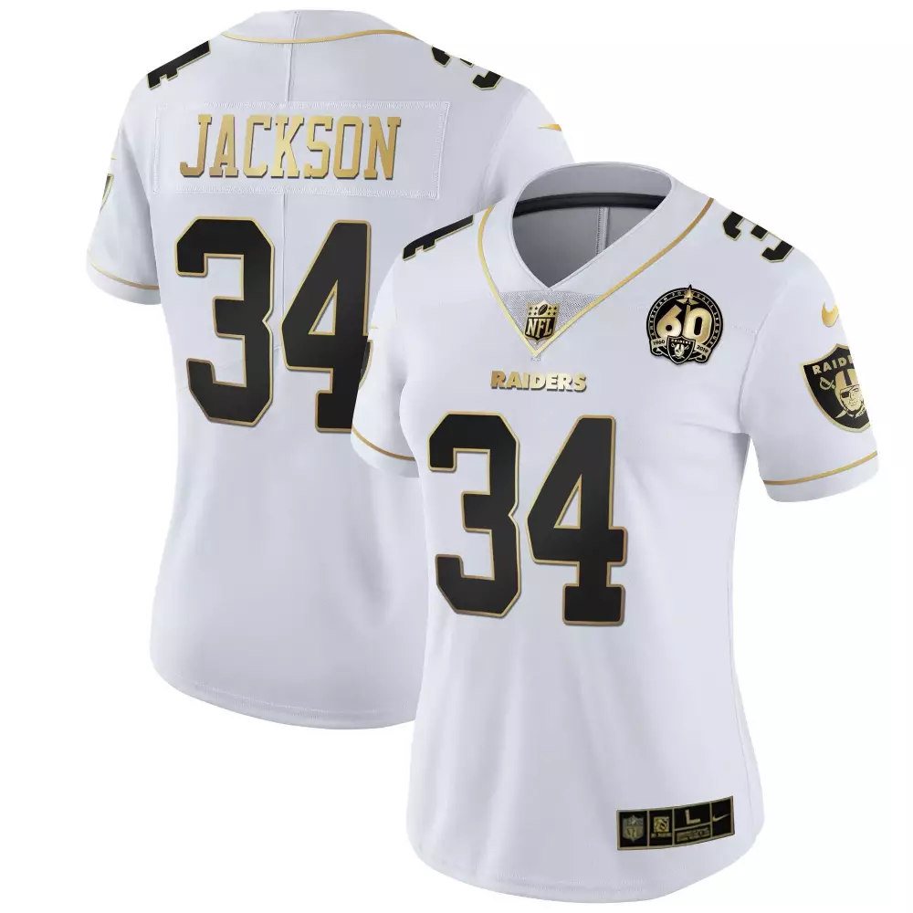 Bo Jackson 34 Raiders Jersey White NFL 60th Anniversary 2019 Women Black Gold All