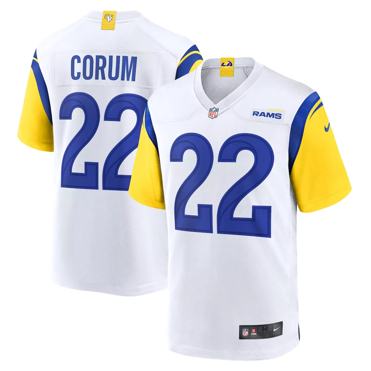 Blake Corum 22 Rams Jersey White Men Royal Blue Yellow Game