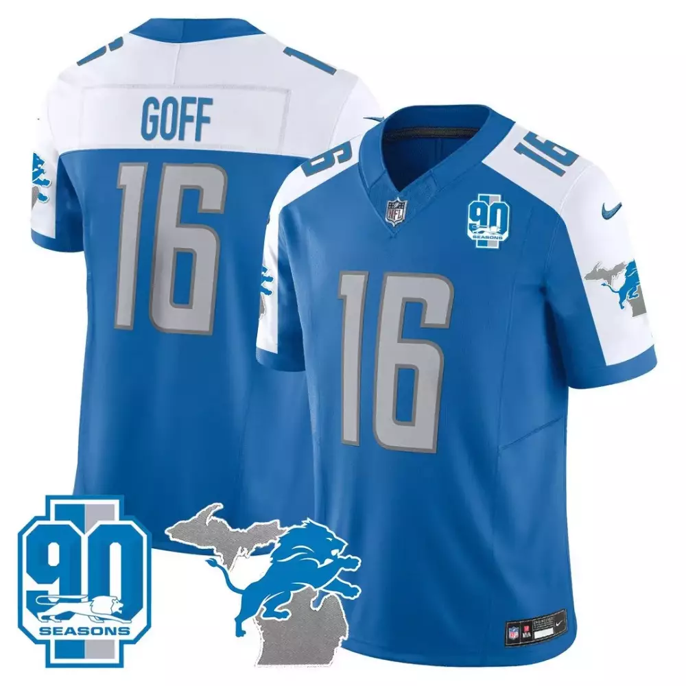 Jared Goff 16 Lions Jersey Blue 90 Seasons Men White Silver Alternate Vapor All Stitched