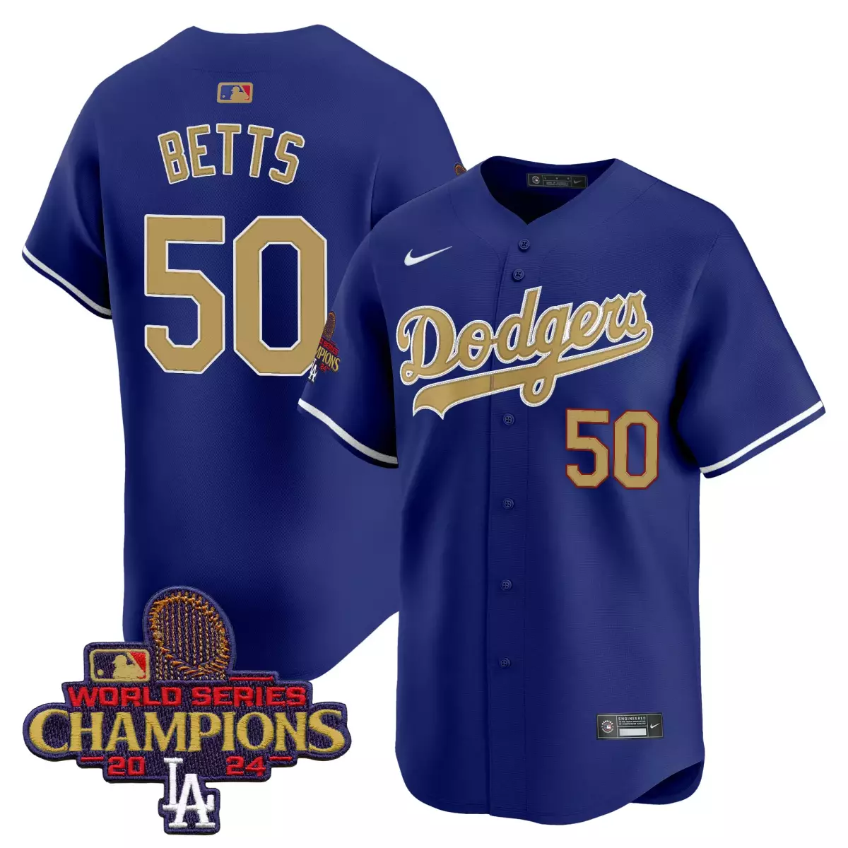 Mookie Betts 50 Dodgers Jersey Royal Blue World Series Champions 2024 LA Men Gold