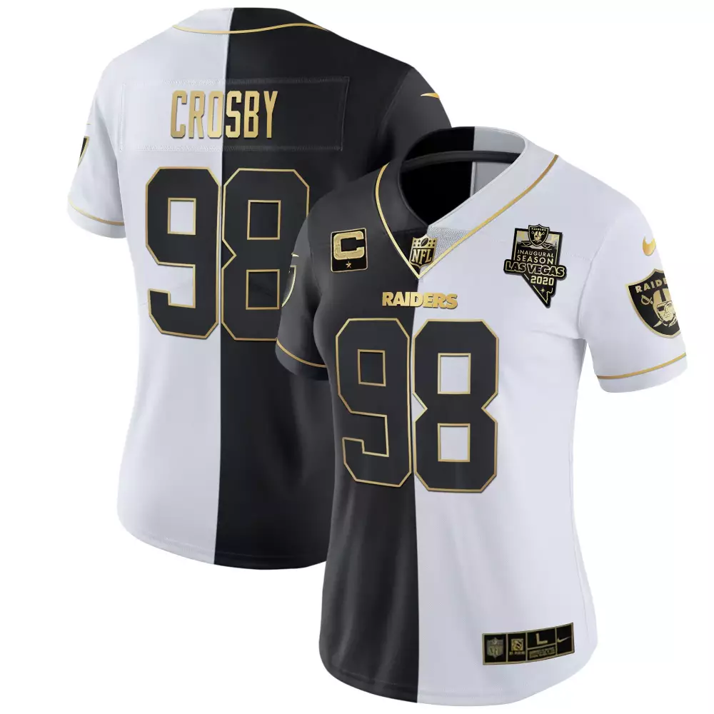 Maxx Crosby 98 Raiders Jersey Black 2020 Women Split Color Block White Gold All Stitched