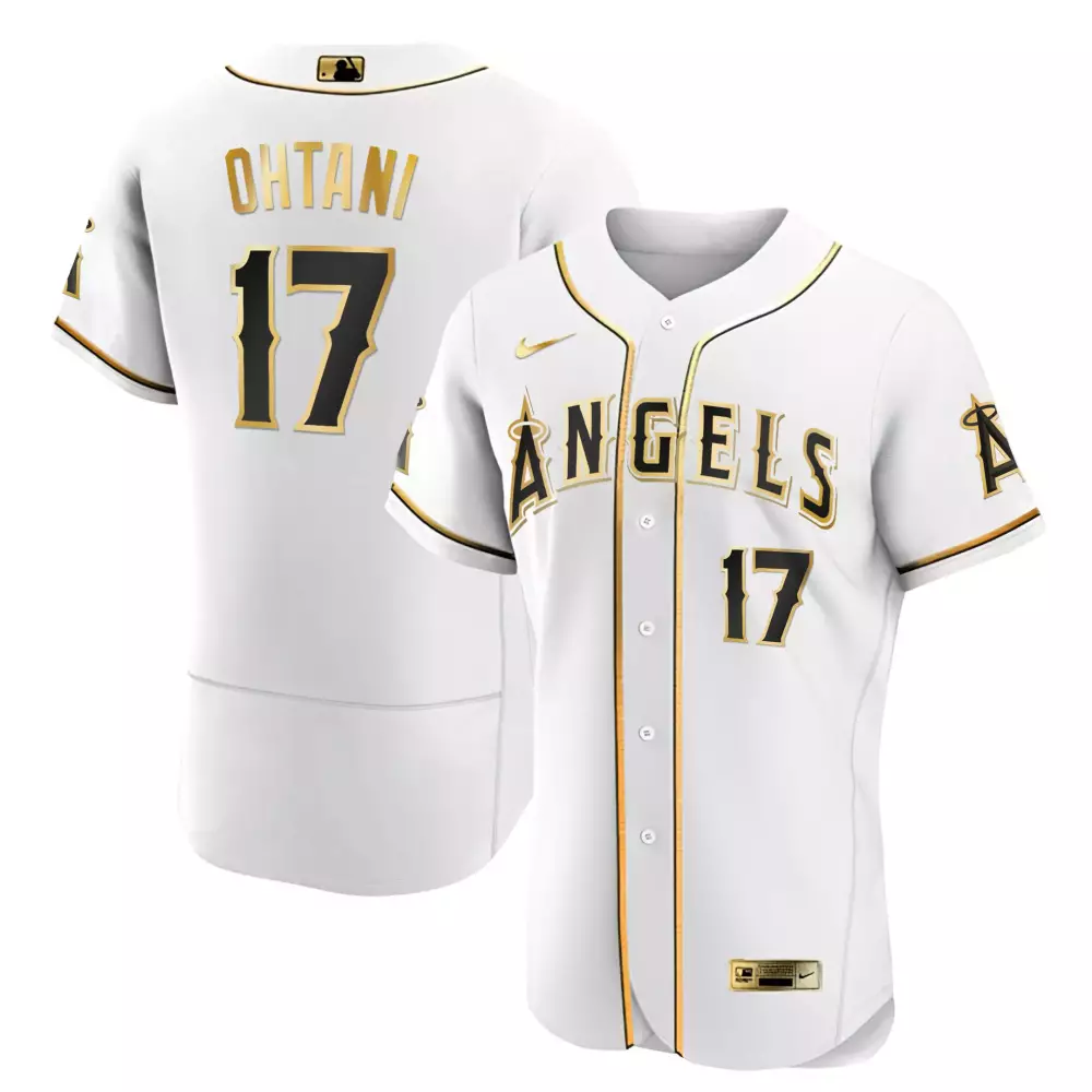 Shohei Ohtani 17 Angels Jersey White Men Black Gold Flex All Stitched