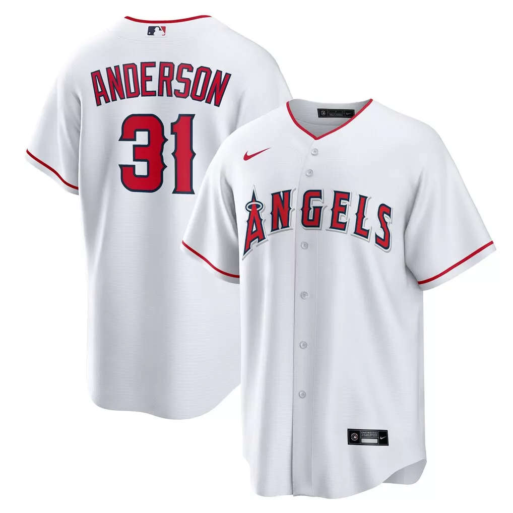 Tyler Anderson 31 Angels Jersey White Men Red Navy Home Replica