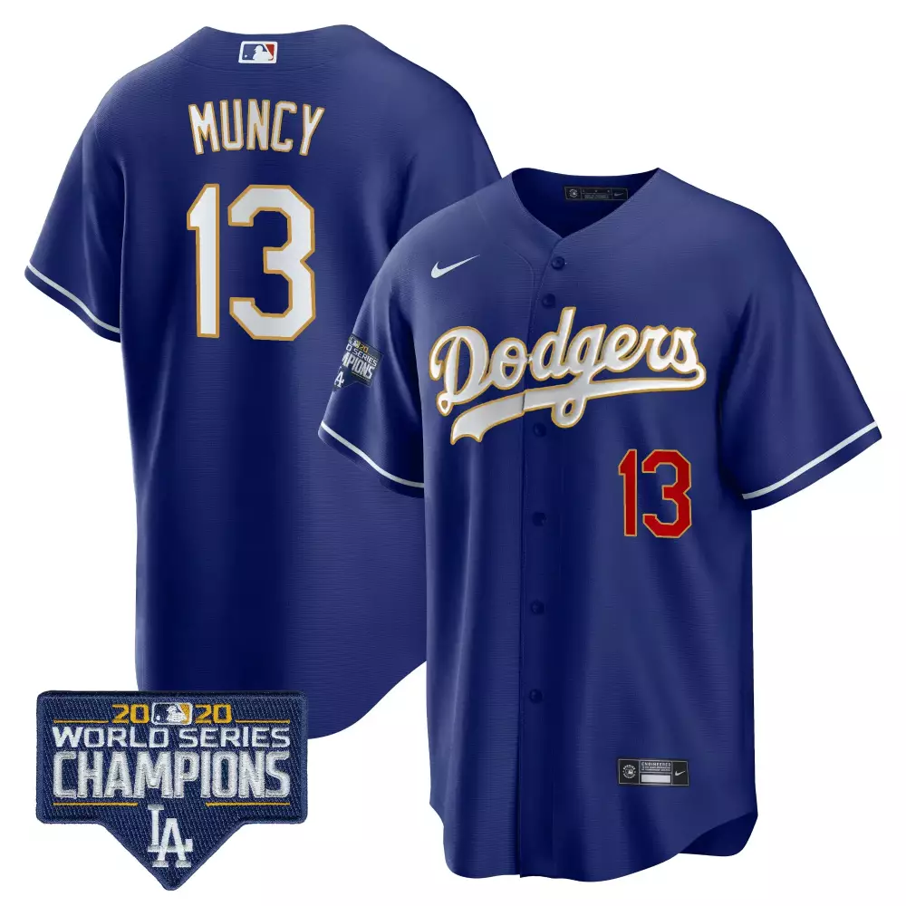 Max Muncy 13 Dodgers Jersey Blue 2020 World Series Champions Men White Red Cool Base