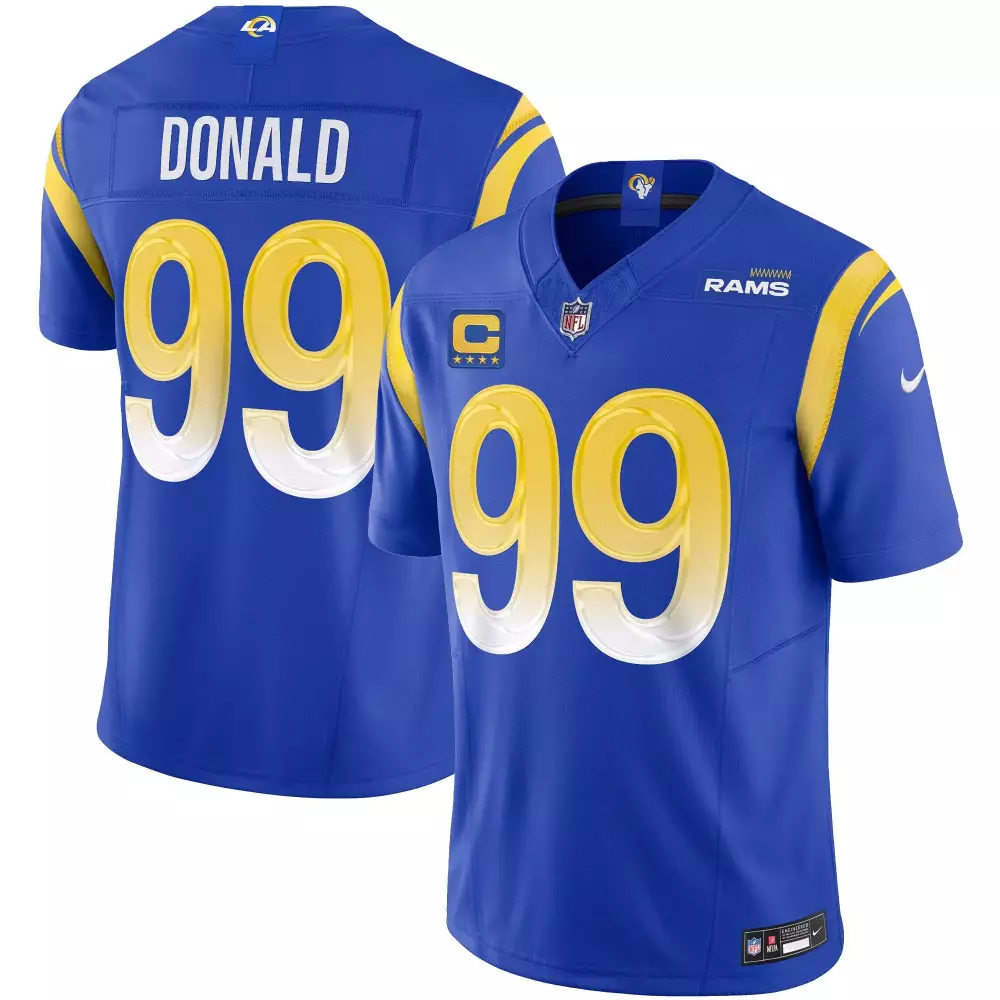 Aaron Donald 99 Rams Jersey Royal Blue Captain Men Replica Yellow White Vapor Limited