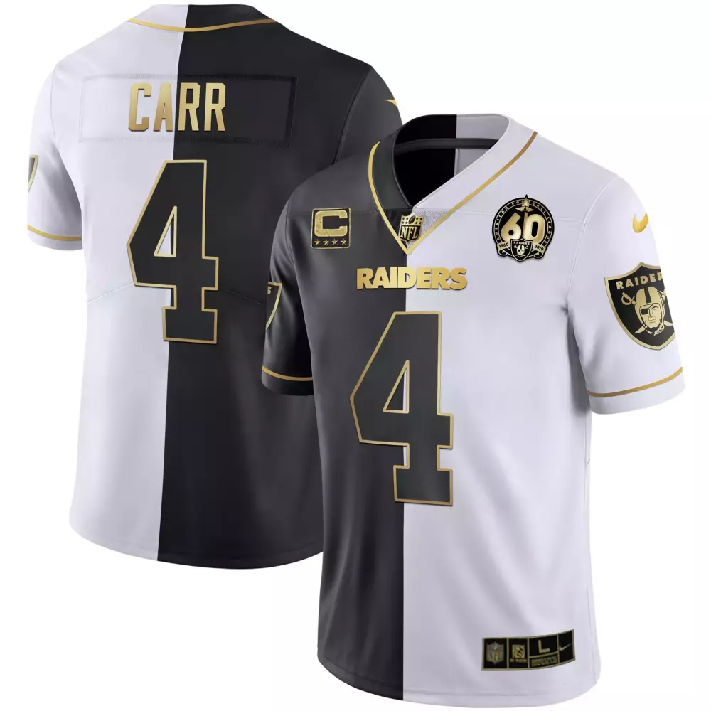 Derek Carr 4 Raiders Jersey Black 60TH Anniversary Men Split Design White Gold All