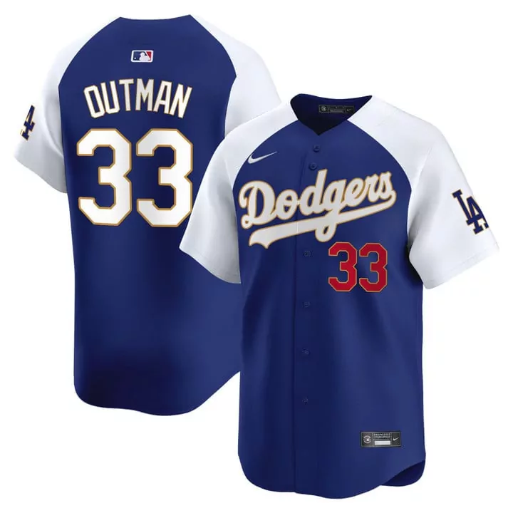 James Outman 33 Dodgers Jersey Blue Men Split Design White Red Alternate Vapor Premier