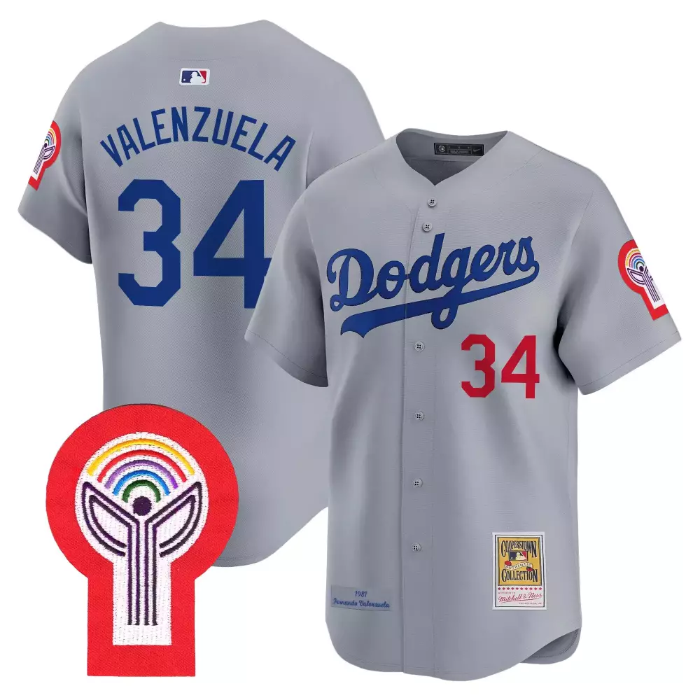 Fernando Valenzuela 34 Dodgers Jersey Gray 1981 Rainbow Cooperstown Collection Men