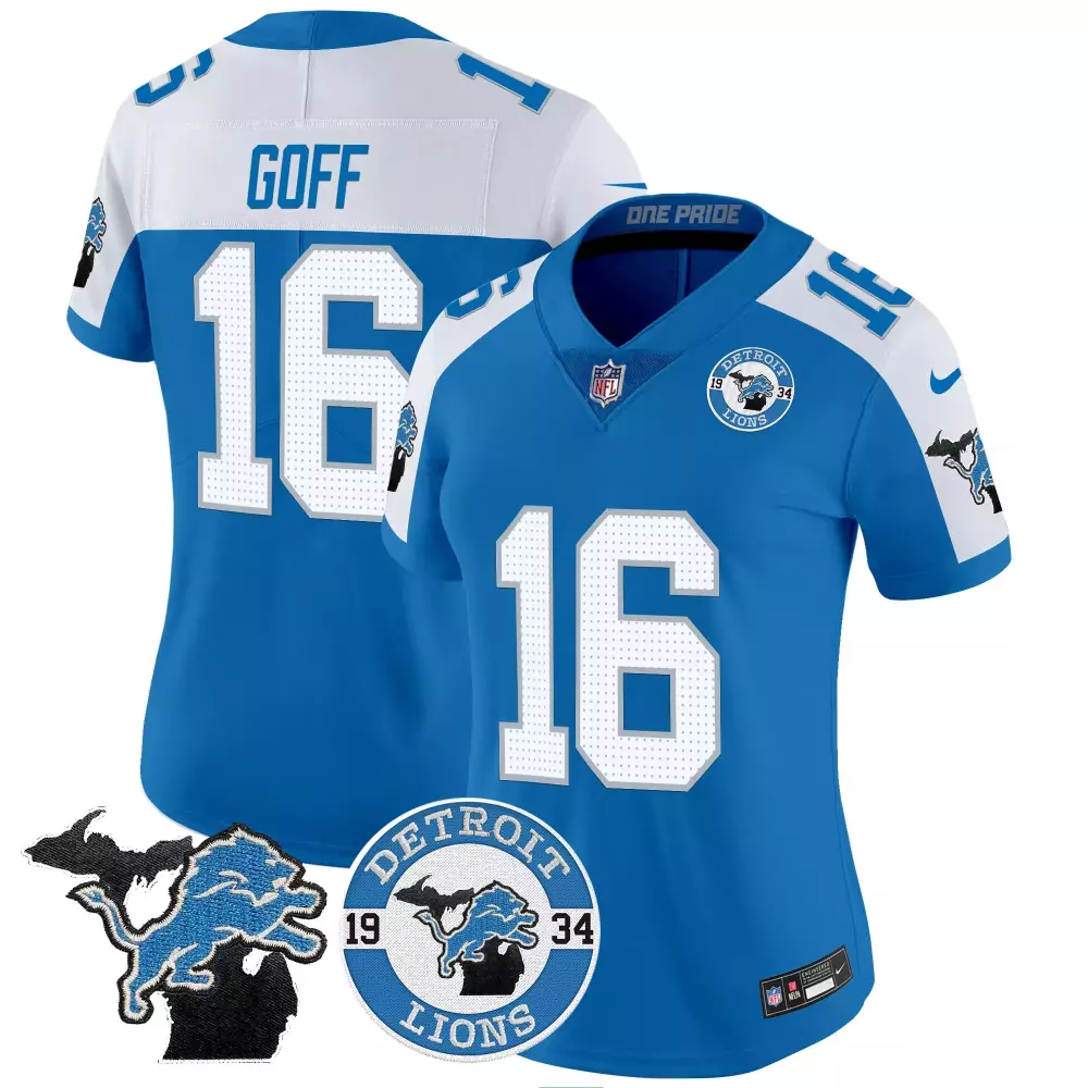 Jared Goff 16 Detroit Lions Jersey Blue Michigan Outline Men White Alternate Vapor