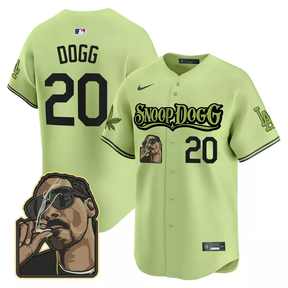 Snoop Dogg 20 Los Angeles Dodgers Jersey Lime Green Collaboration Portrait Marijuana Leaf