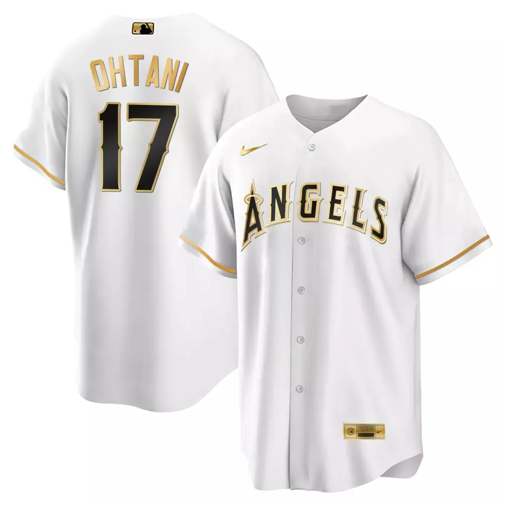 Shohei Ohtani 17 Angels Jersey White Engineered Men Black Gold Cool Limited All Stitched
