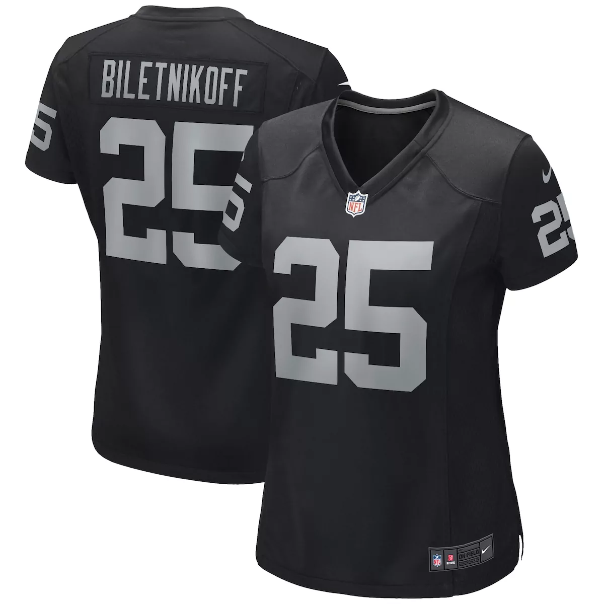 Fred Biletnikoff 25 Jersey Black Las Vegas Raiders Women Replica Silver Game Retired