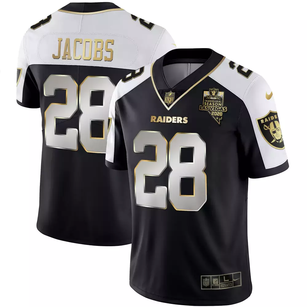 Josh Jacobs 28 Raiders Jersey Black Men Split Design White Gold Stitched