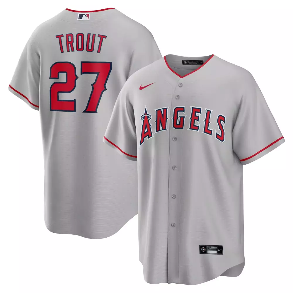 Mike Trout 27 Angels Jersey Gray Men Red Navy Stitched
