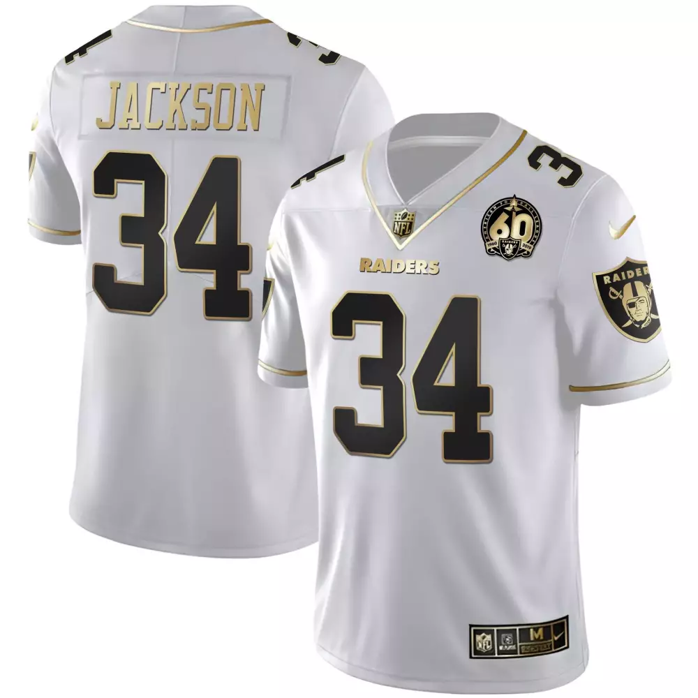 Bo Jackson 34 Raiders Jersey White 60th Anniversary Men Replica Alternate Black Gold