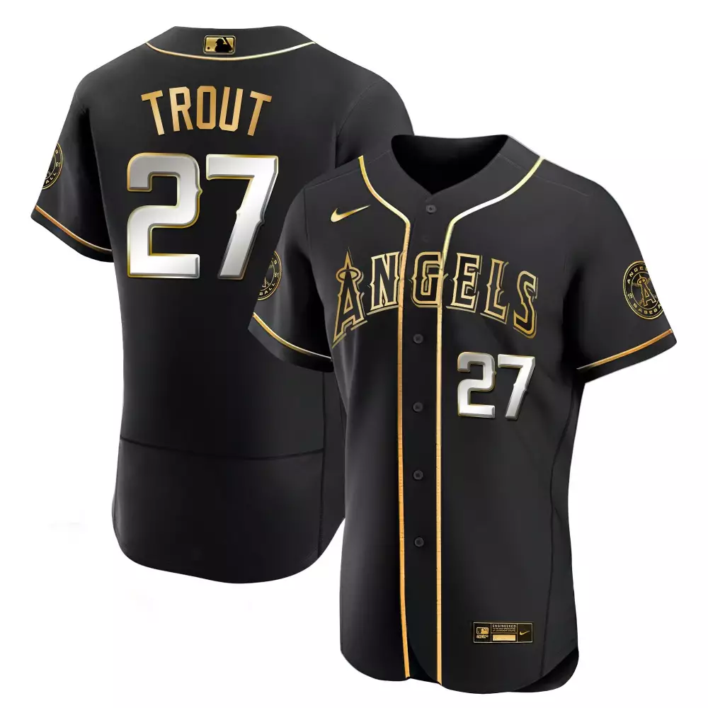 Mike Trout 27 Angels Jersey Black Men Gold White Flex Limited All Stitched