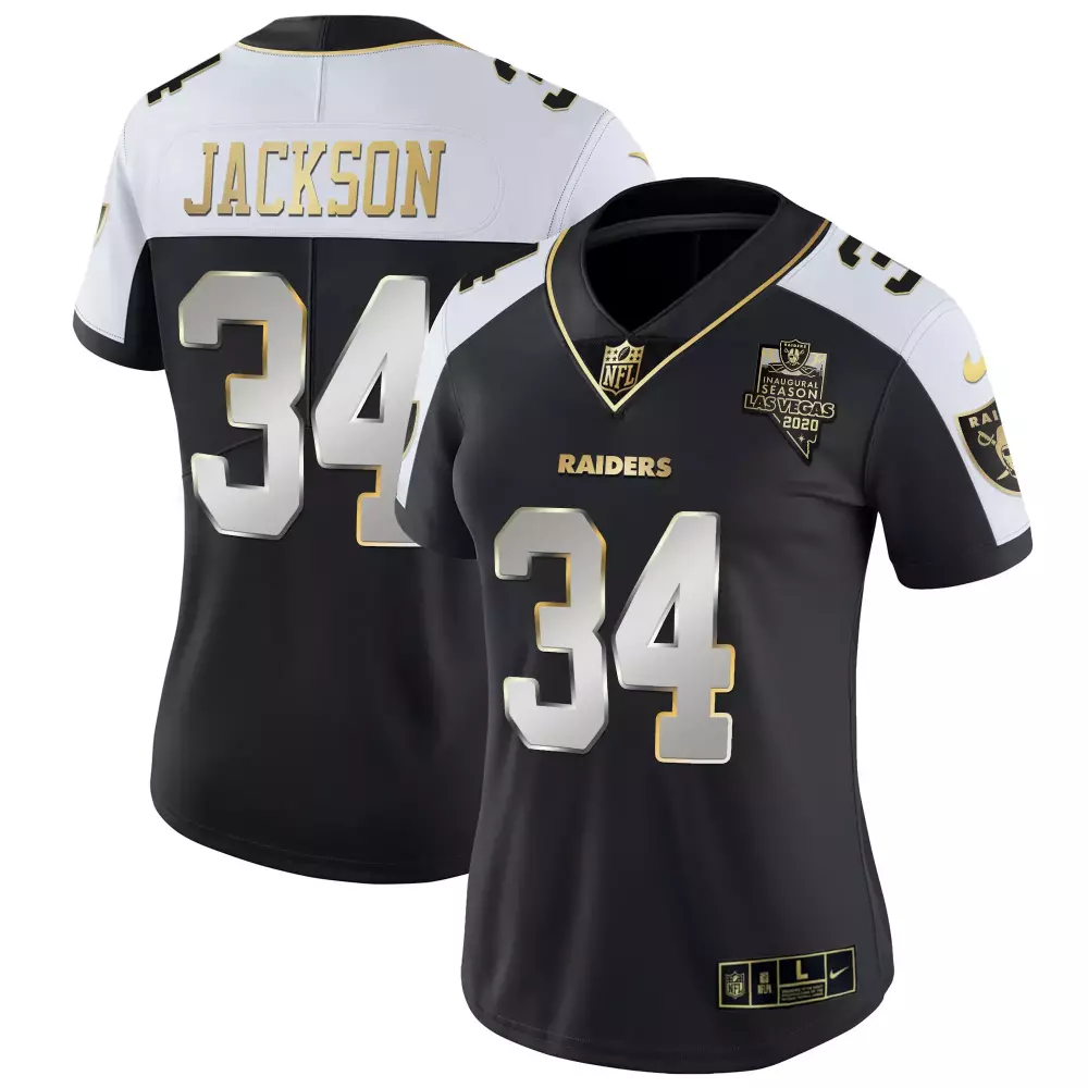Shedrick Jackson 34 Raiders Jersey Black Women NFL White Gold All Stitched Vapor