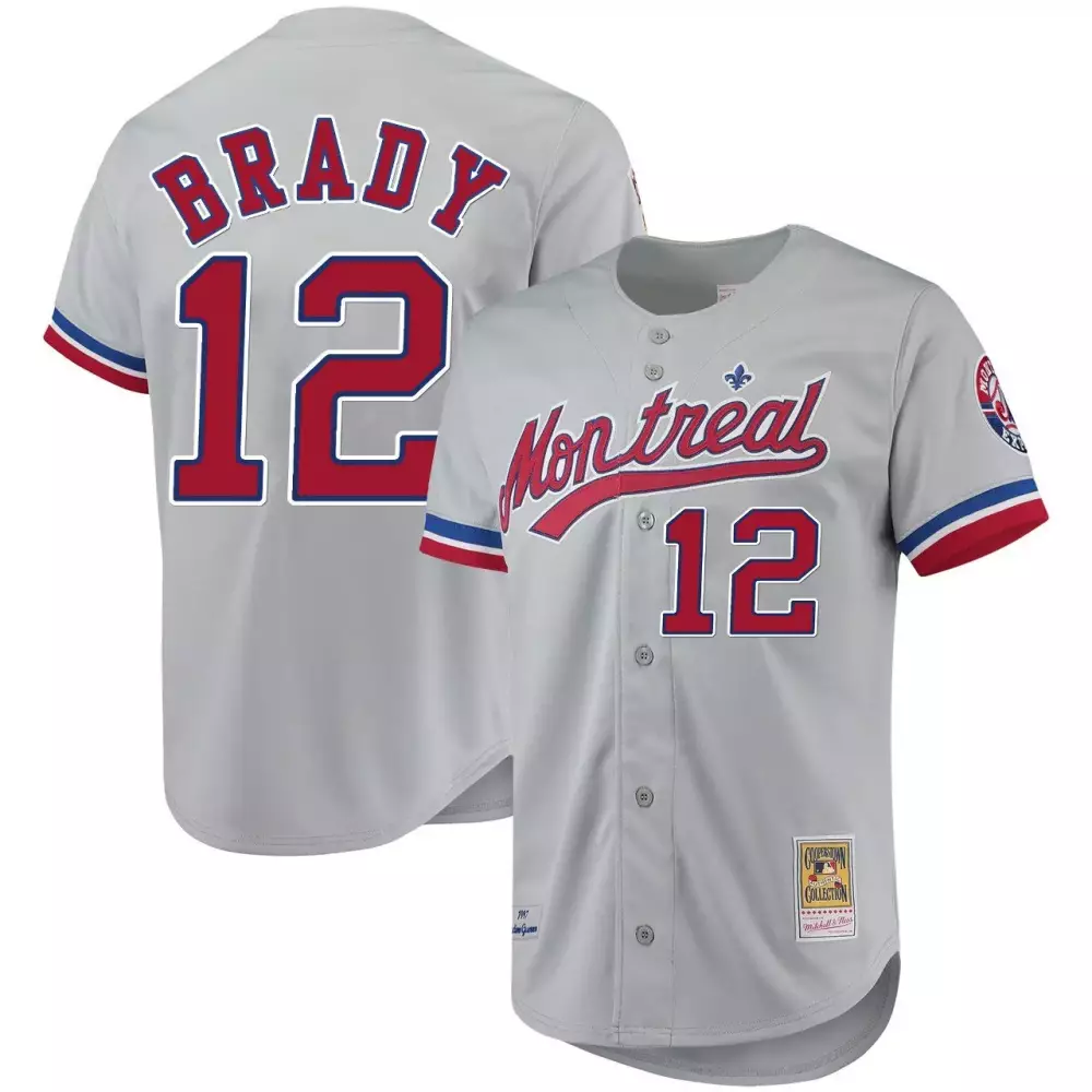 Tom Brady 12 Montreal Jersey Gray Cooperstown Collection Men Red Blue All Stitched