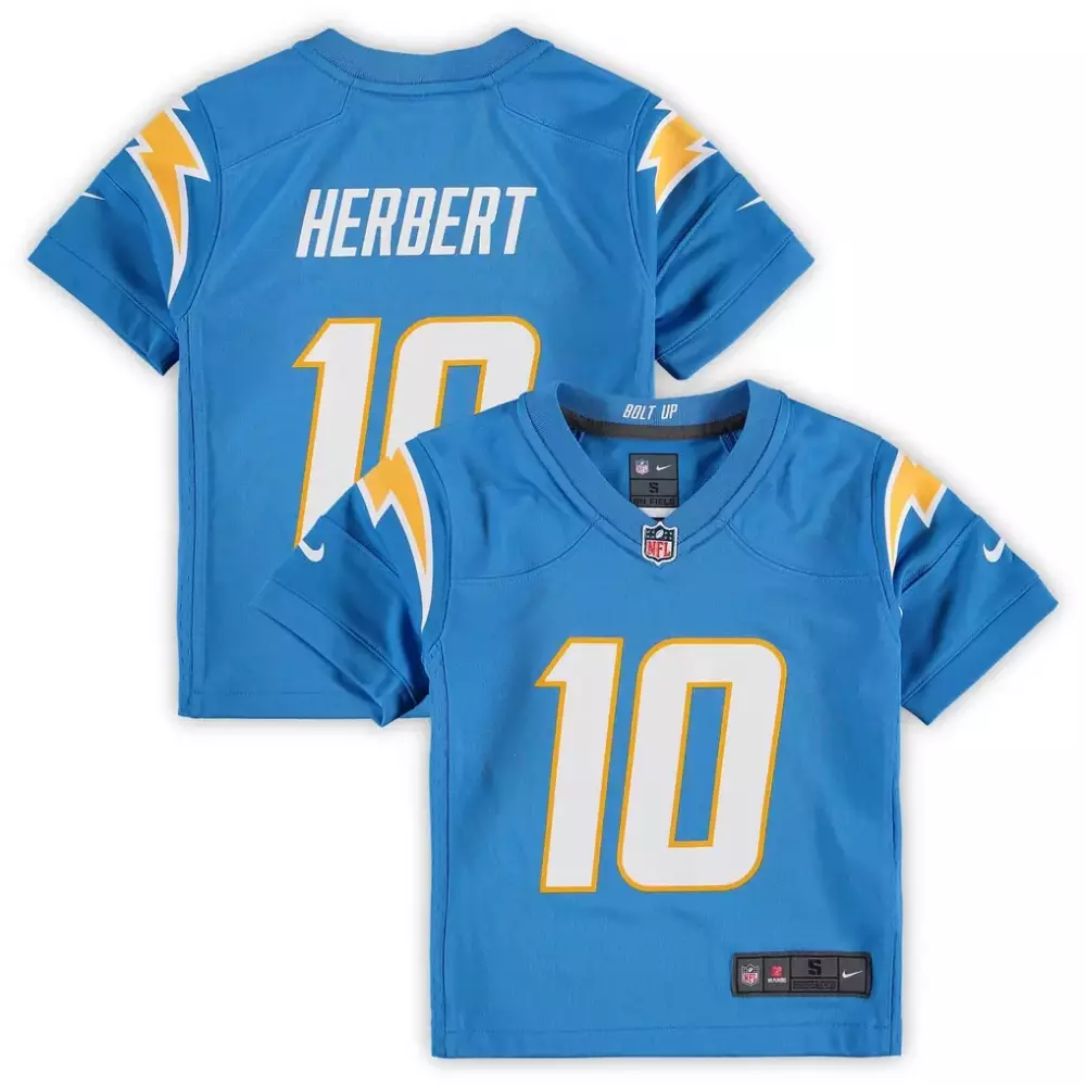 Justin Herbert 10 Jersey Blue Los Angeles Chargers Kids Replica White Yellow Game