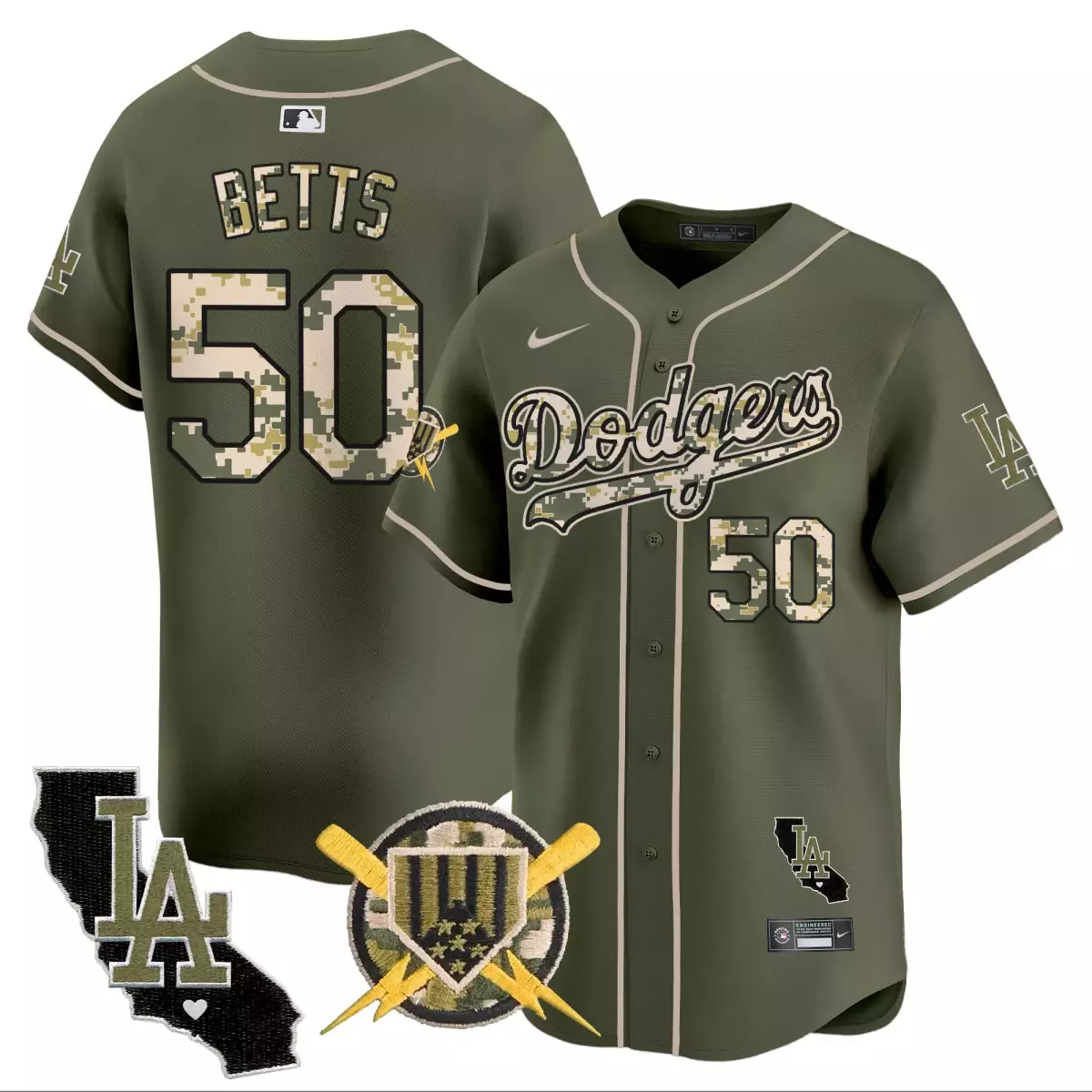 Mookie Betts 50 Dodgers Jersey Olive Green Military Appreciation California Outline LA Heart
