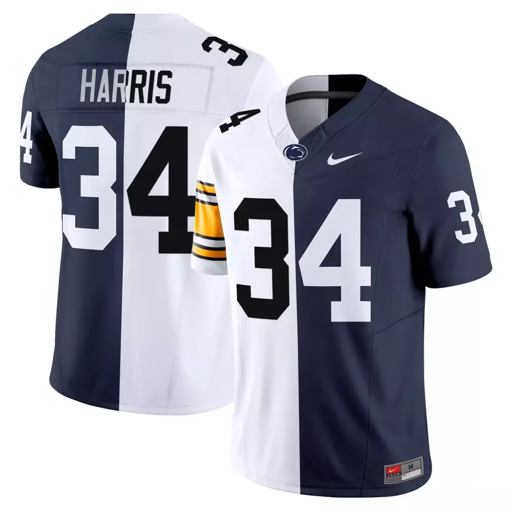 Allar Nittany 34 Penn State Jersey Navy Blue Men Split Design White Gold Stitched