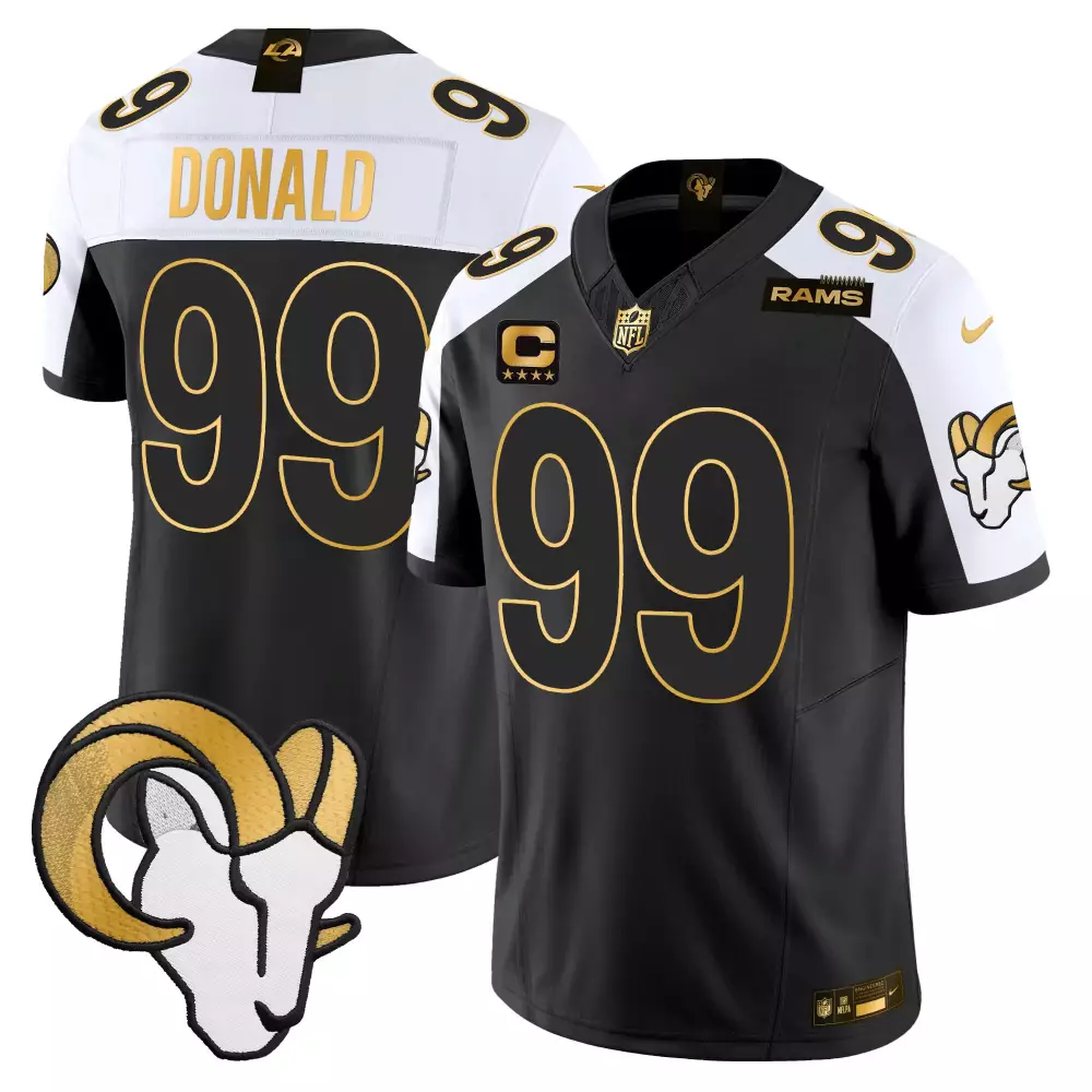 Aaron Donald 99 Rams Jersey Black Captain Men Short Sleeve Alternate White Gold Vapor
