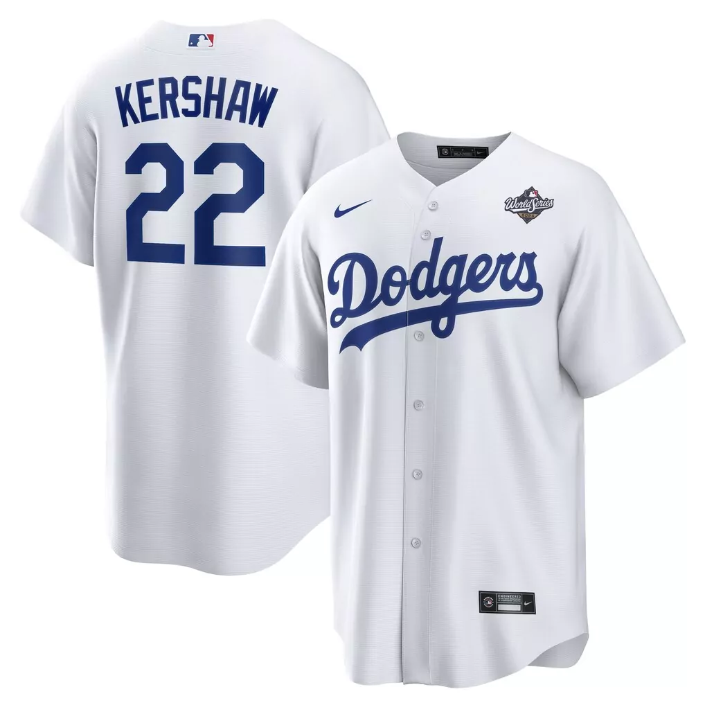 Clayton Kershaw 22 Dodgers Jersey White World Series Men Royal Blue Home Replica