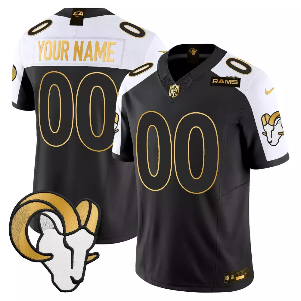 Custom Rams Jersey Black 100th Season LA Ram Head Men Player White Gold Alternate