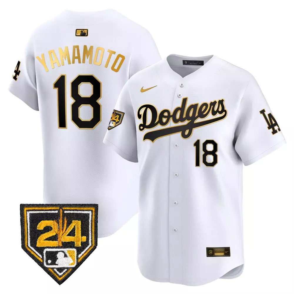 Yamamoto Training 18 Dodgers Jersey White Men Replica Black Gold Vapor Premier Limited