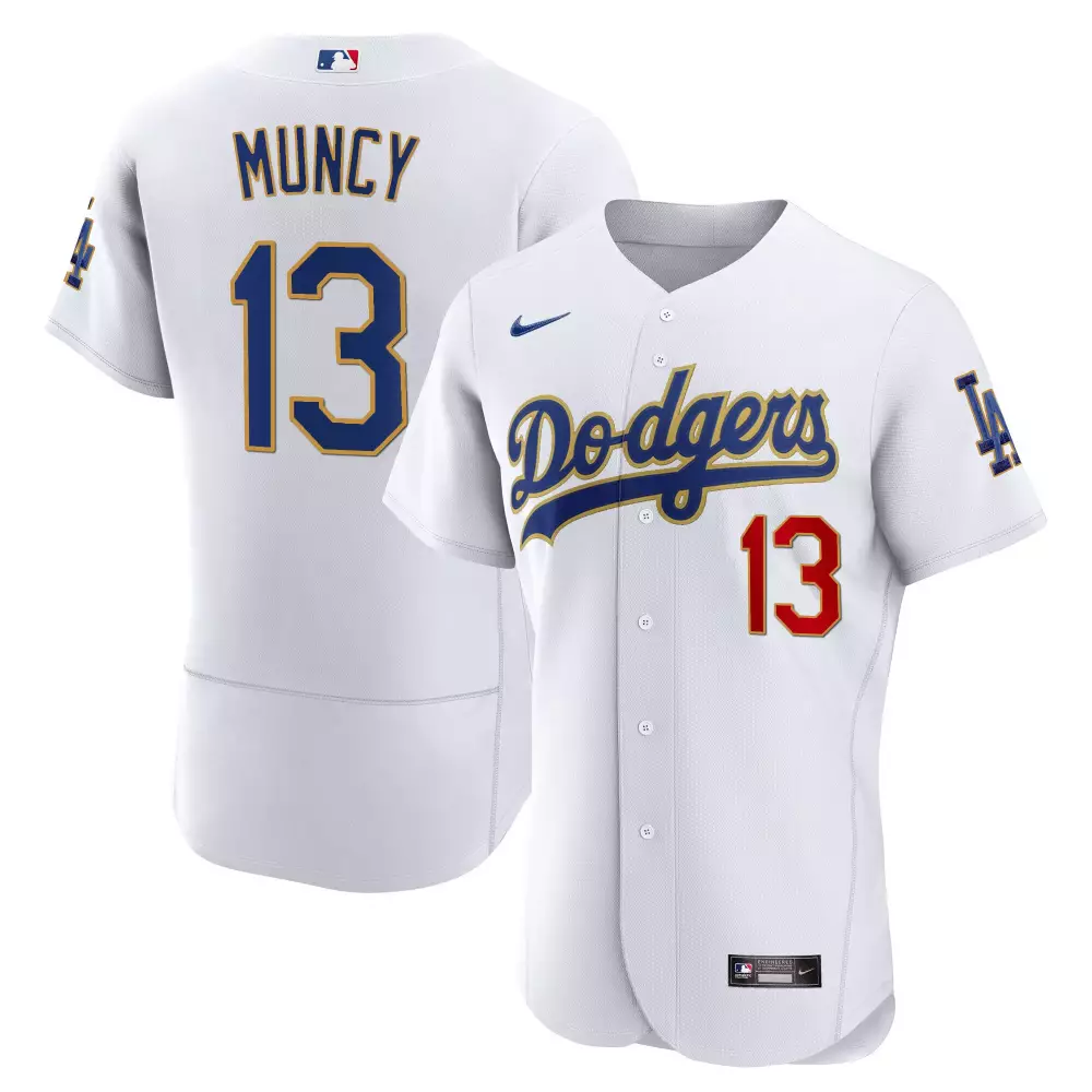 Max Muncy 13 Dodgers Jersey White Men Blue Gold Red Flex Base All Stitched
