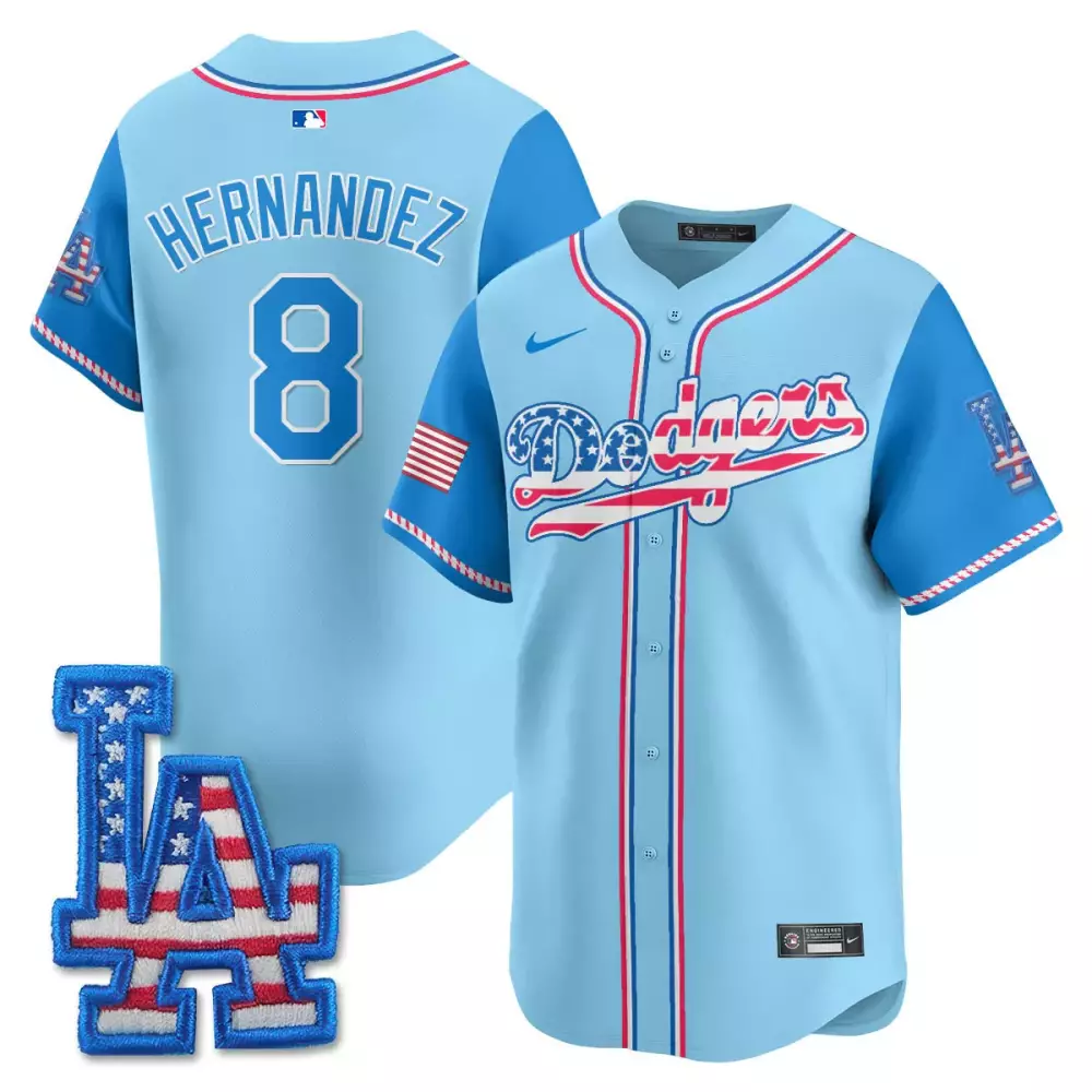 Hernandez Fourth 8 Dodgers Jersey Light Blue LA American Flag Men Alternate Split Design