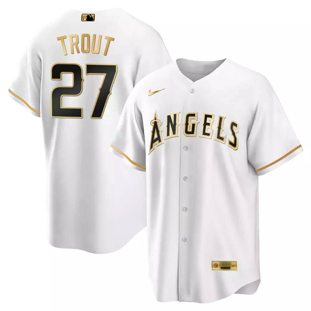 Mike Trout 27 Angels Jersey White Black Gold Cool Limited All Stitched