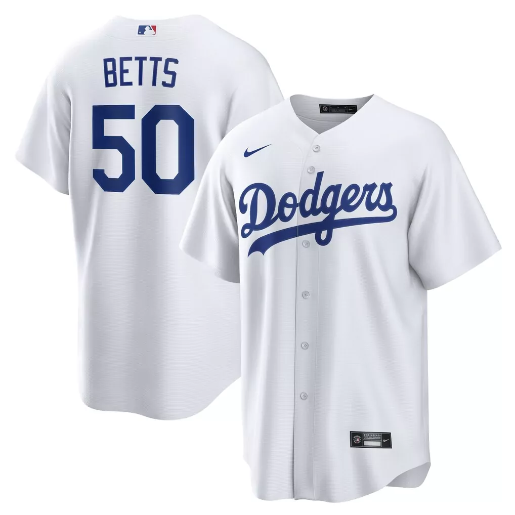 Mookie Betts 50 Dodgers Jersey White Men Blue Home Replica