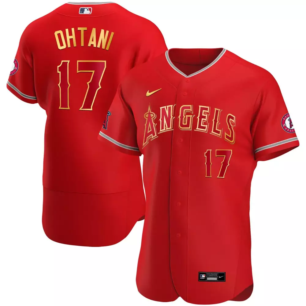 Shohei Ohtani 17 Angels Jersey Red Gold Grey All Stitched