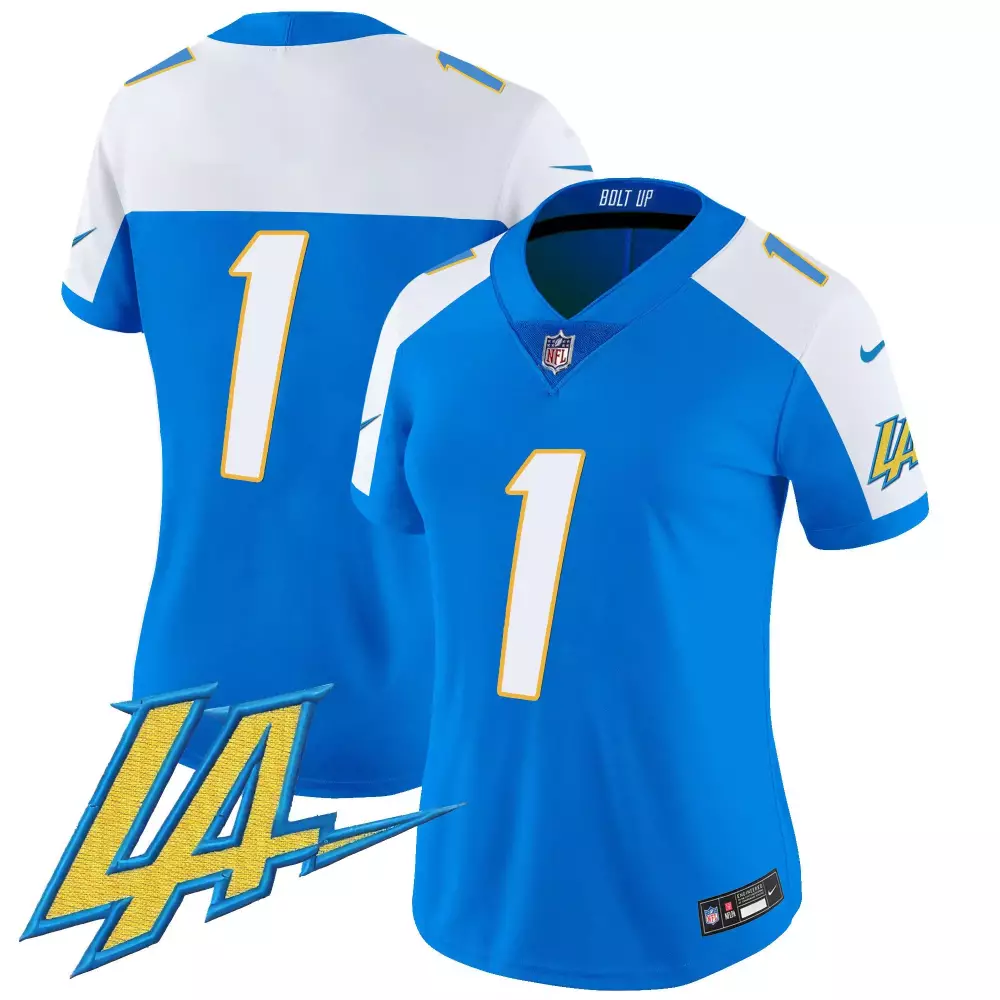 Custom Los Angeles Chargers 1 Jersey Blue Women Nike NFL Vapor Limited White Yellow
