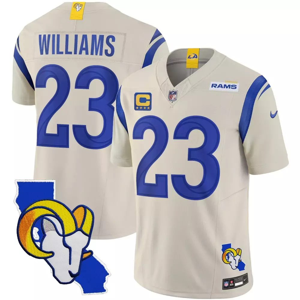 Kyren Williams 23 Rams Jersey Cream California Map Ram Head Men Royal Blue Vapor