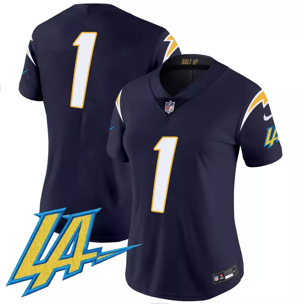 Custom Los Angeles Chargers 1 Jersey Navy Blue Women White Yellow Vapor Limited v2