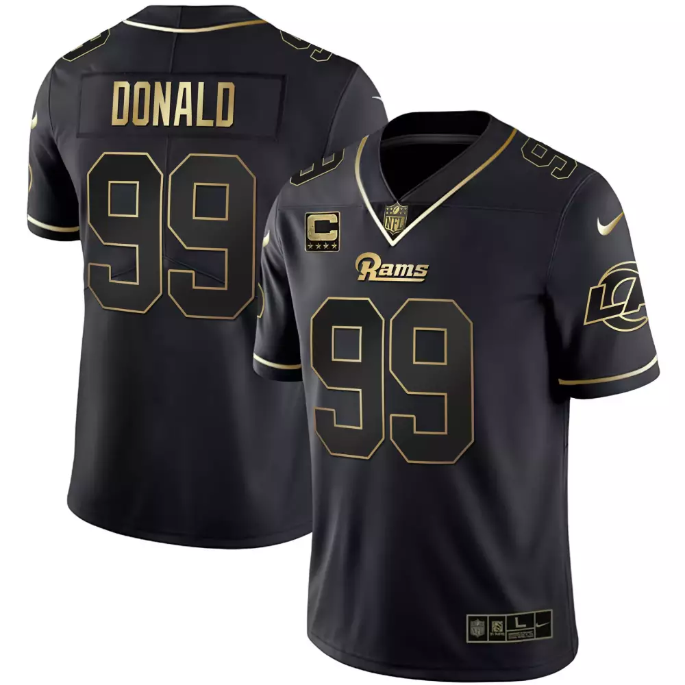 Aaron Donald 99 Rams Jersey Black Captain Men Gold Stitched
