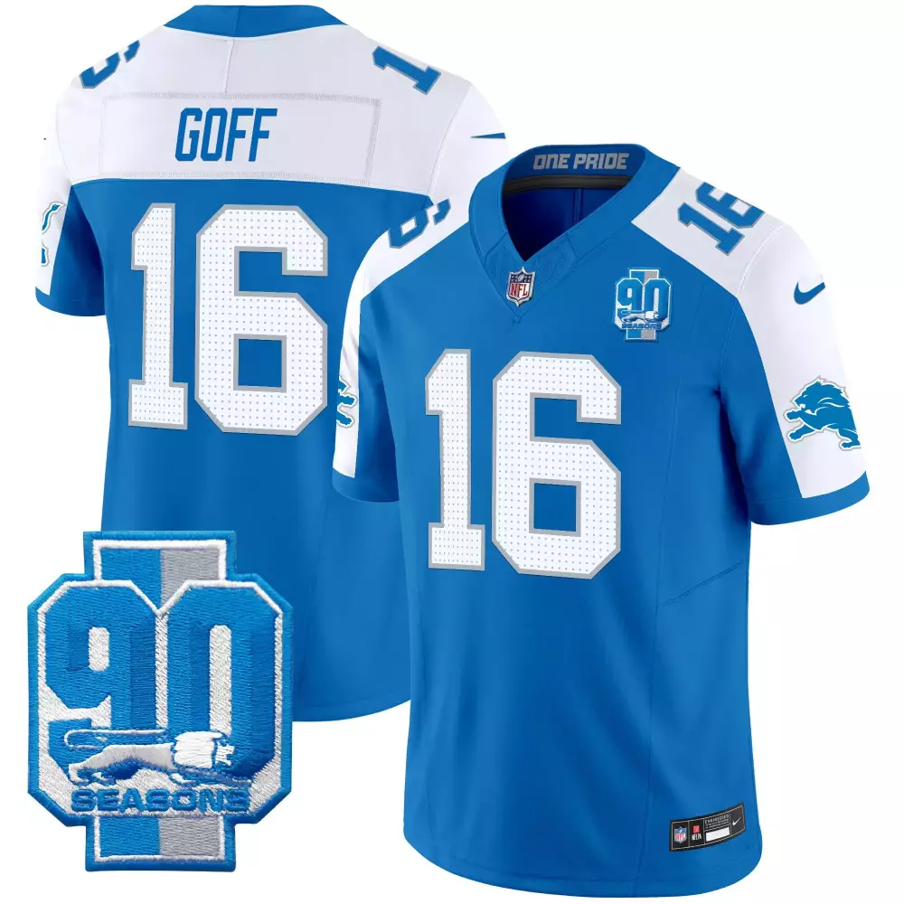 Jared Goff 16 Lions Jersey Blue 90 Seasons Men Replica White Alternate Vapor Limited