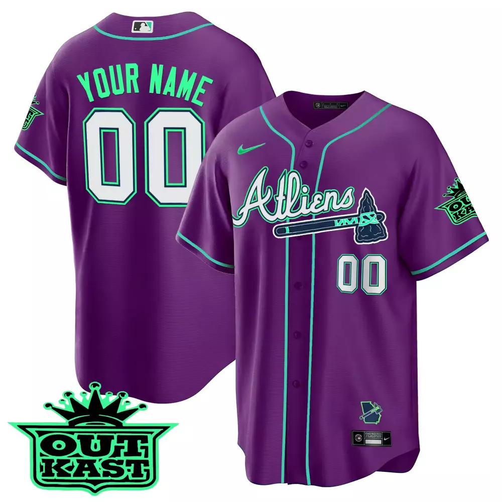 Custom Atlanta Braves Jersey Purple Outkast Teal White All Stitched Vapor