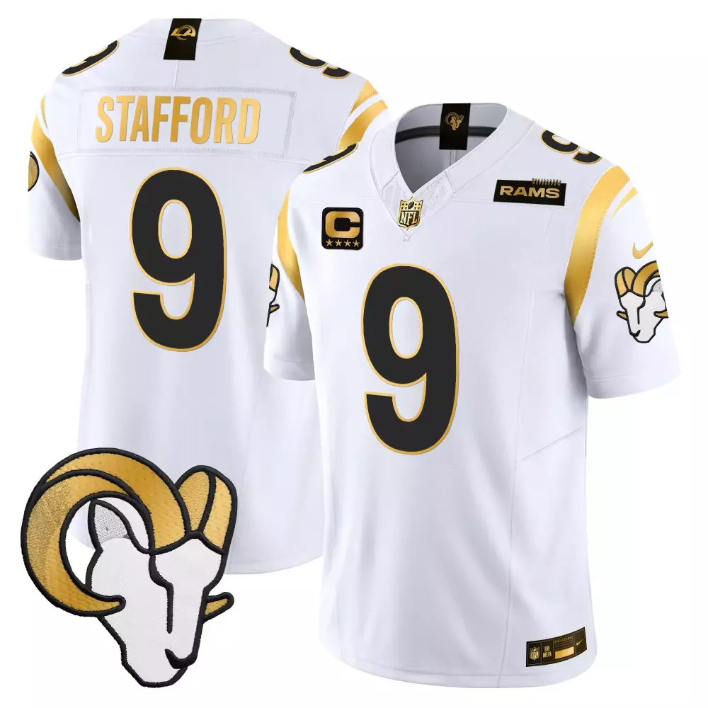Matthew Stafford 9 Rams Jersey White Captain Men NFC Champions Gold Black Vapor Limited