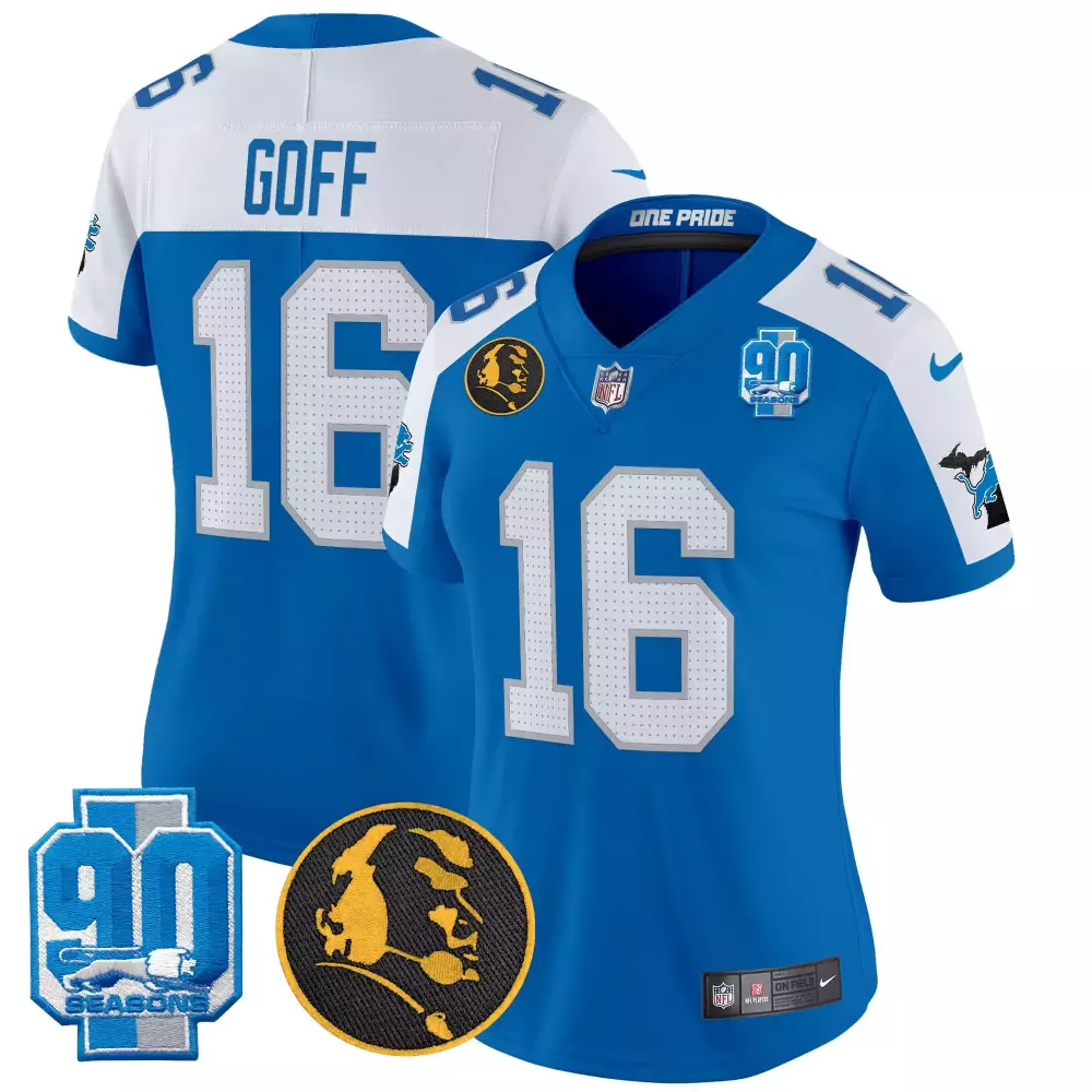 Jared Goff 16 Lions Jersey Blue 90th Season 90 Seasons Head Men Replica White Silver